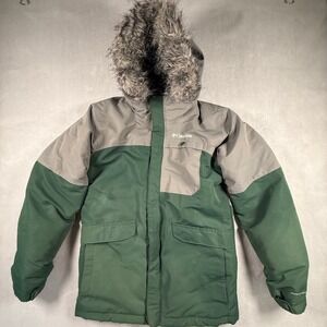 Columbia Boys Nordic Strider Winter Jacket Green Grey Faux Fur Hood L 14/16